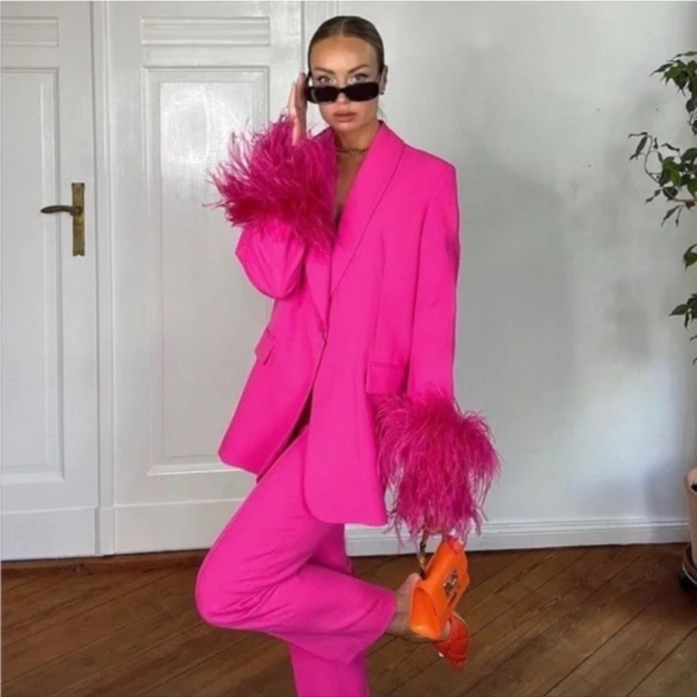 Zara Blazer straight cut hot pink feather cuff sz M